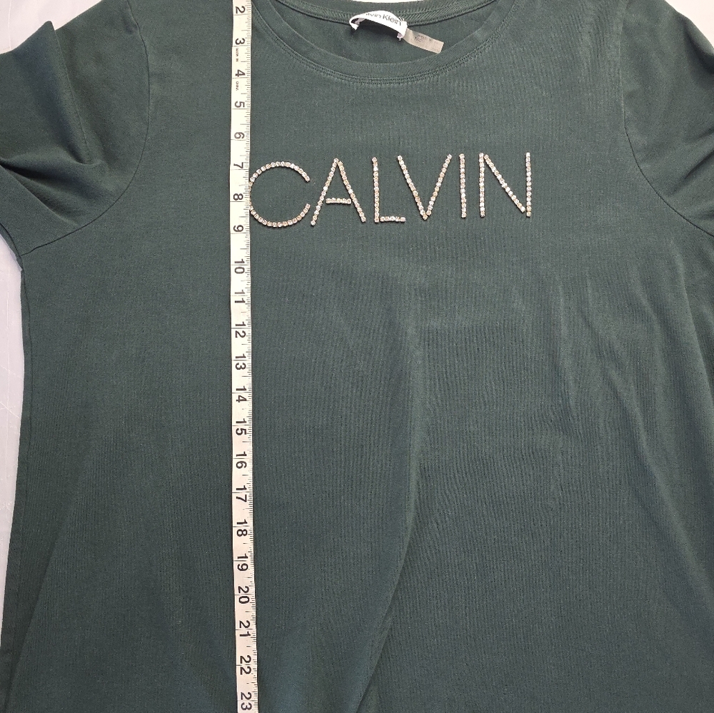Calvin Klein T-shirt Hunter Green Long Sleeve Crystal Rhinestone Logo L/XL? - Picture 10 of 12